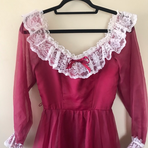 Vintage 70s Victorian Red White Lace Maxi Dress - Picture 3 of 11